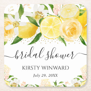 Watercolor Lemons and Flowers Bridal Shower Square Paper Coaster