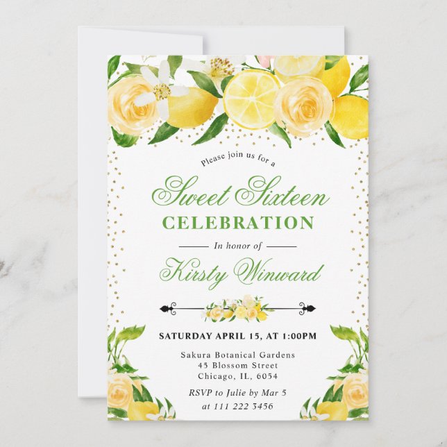 Watercolor Lemons and Flowers Photo Sweet 16 Invit Invitation (Front)