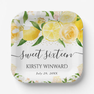 Watercolor Lemons and Flowers Sweet Sixteen Paper Plate