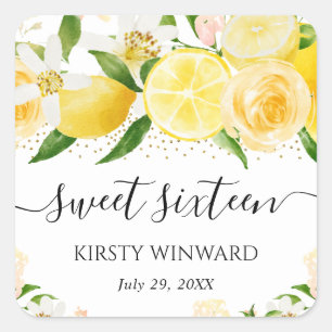Watercolor Lemons and Flowers Sweet Sixteen Square Sticker