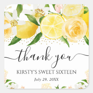Watercolor Lemons and Flowers Sweet Sixteen Square Sticker