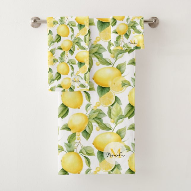 Watercolor Lemons and Greenery Pattern Monogram Bath Towel Set (Insitu)