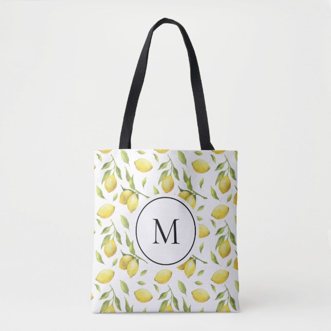 Watercolor Lemons and Greenery Pattern Monogram Tote Bag (Front)