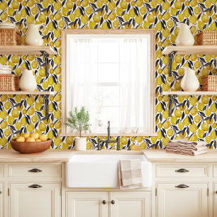 Watercolor Lemons and Grey Leaves Wallpaper