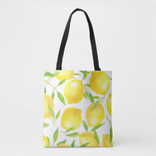 Watercolor lemons and leaves: pattern. tote bag