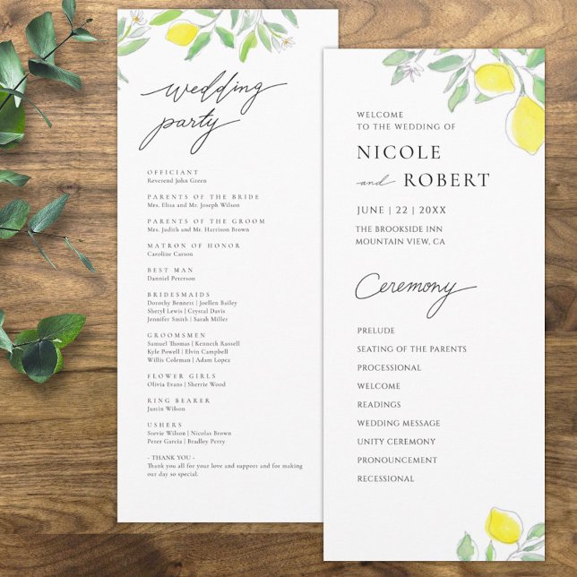 Watercolor Lemons and Leaves Wedding Program Programme (Creator Uploaded)