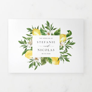 Watercolor Lemons and Lemon Blossoms Wedding Tri-Fold Invitation