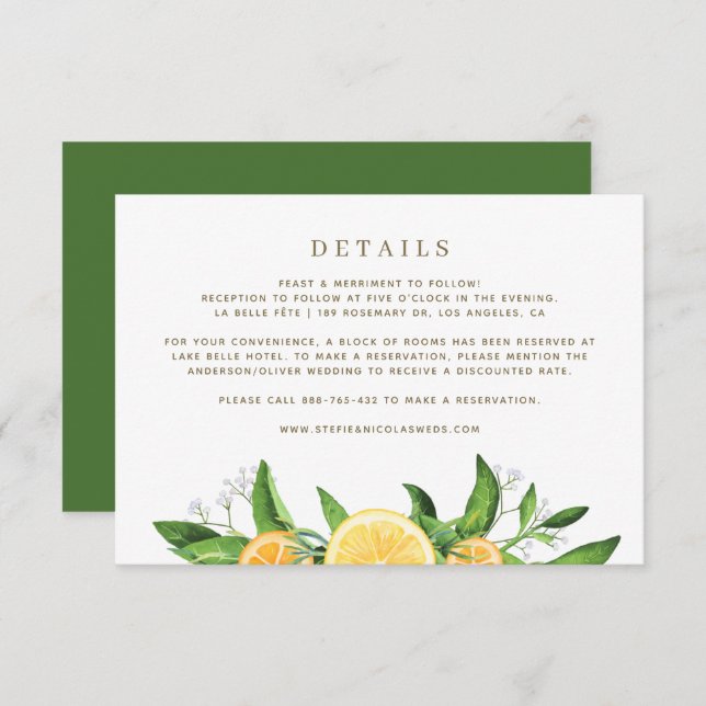 Watercolor Lemons and Oranges Wedding Details Enclosure Card (Front/Back)