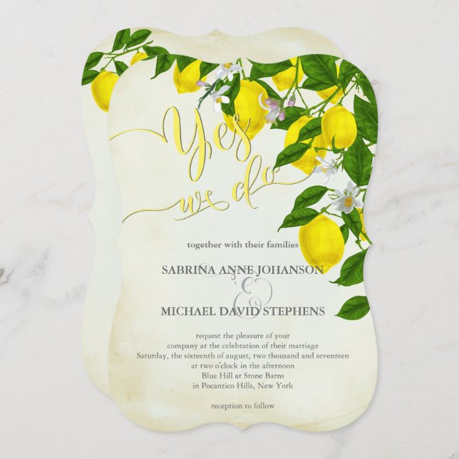 Watercolor Lemons  Blossoms and Greenery Wedding Invitation (Front/Back)
