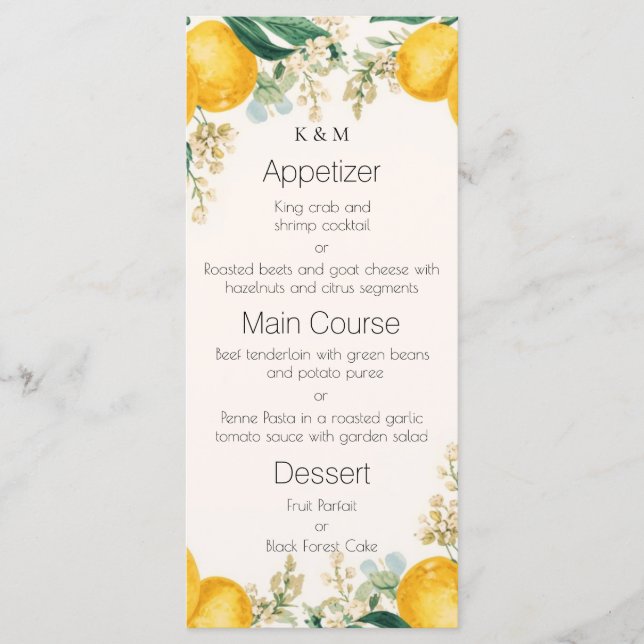 Watercolor Lemons & Blossoms Elegant Dining Menu (Front)