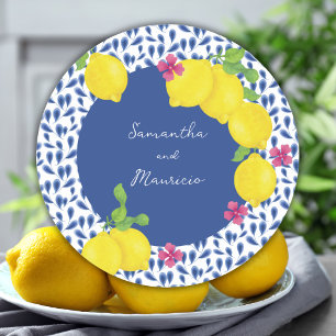 WATERCOLOR LEMONS BLUE TILES CLASSIC ROUND STICKER