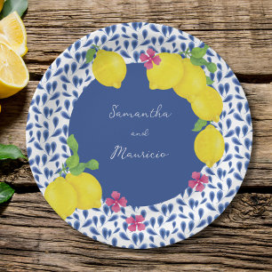 WATERCOLOR LEMONS BLUE TILES PAPER PLATE