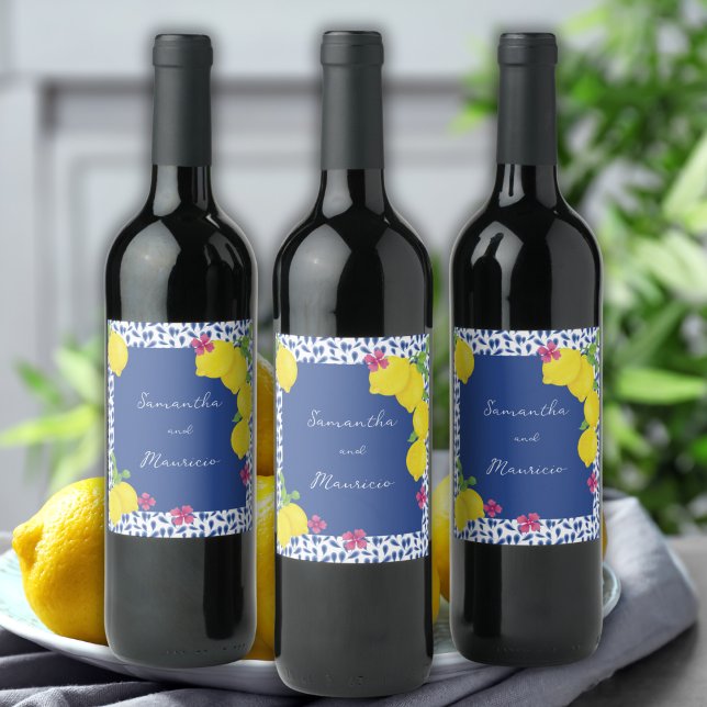 WATERCOLOR LEMONS BLUE TILES WINE LABEL (Creator Uploaded)