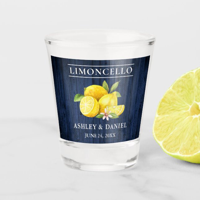 Watercolor Lemons Blue Wood Wedding Limoncello Shot Glass (Front)