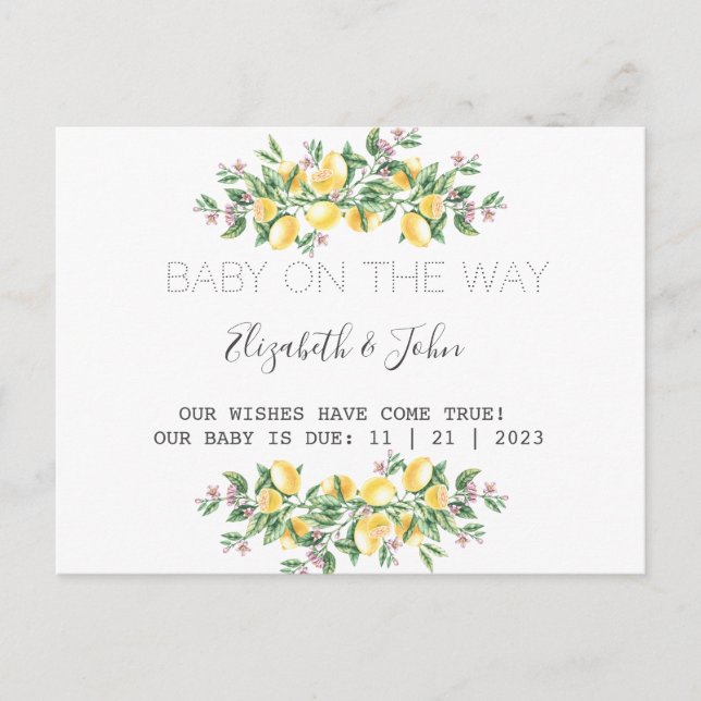 Watercolor Lemons Botanical Flowers Announcement Postcard (Front)