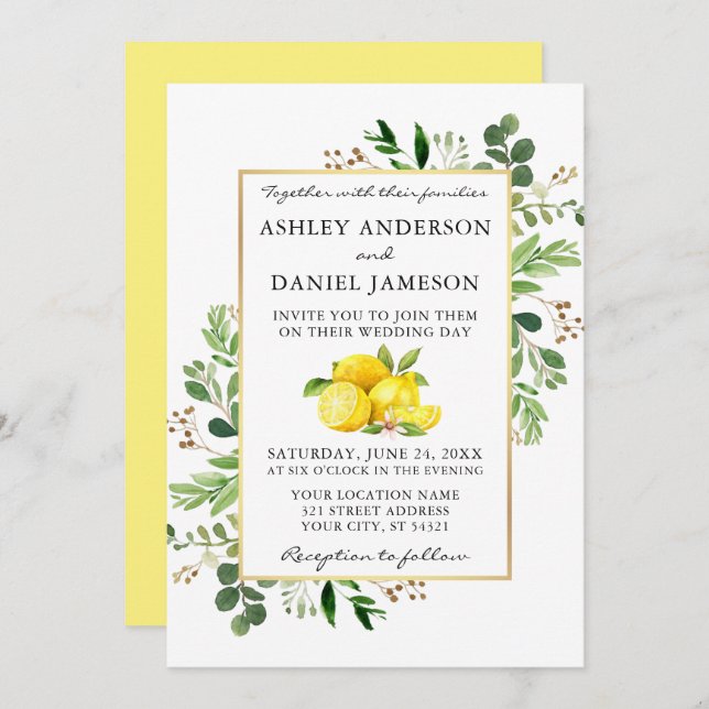 Watercolor Lemons Botanical Greenery Wedding Invitation (Front/Back)