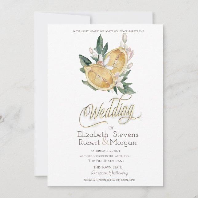 Watercolor Lemons Botanical Polka Dots Wedding Invitation (Front)