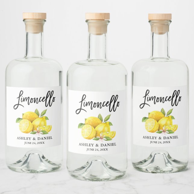 Watercolor Lemons Brush Script Limoncello Liquor Bottle Label (Bottles)