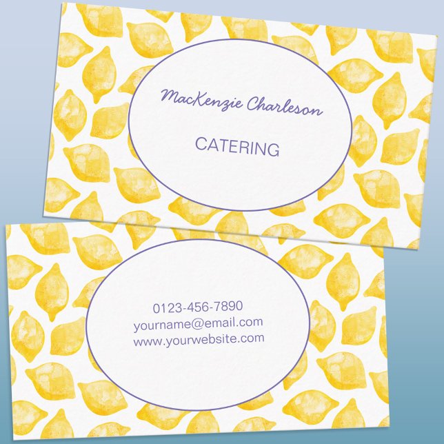 Watercolor Lemons Catering Business Card (Watercolor lemon pattern custom modern business card)
