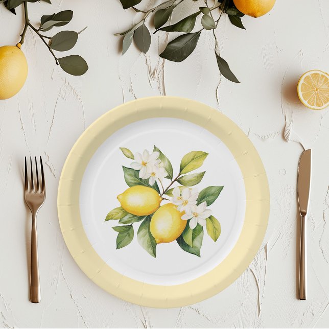 Watercolor lemons citrus birthday party paper plate (Creator Uploaded)