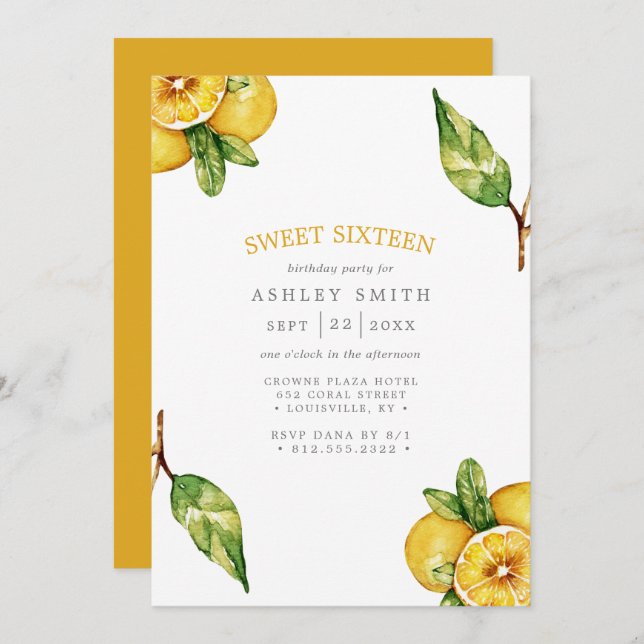 Watercolor Lemons Citrus Modern Sweet 16 Invitation (Front/Back)