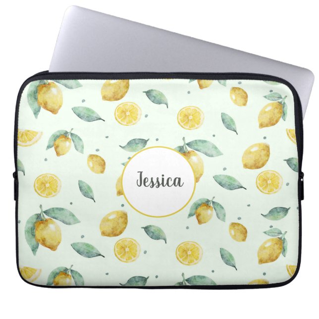 Watercolor lemons custom name  laptop sleeve (Front)