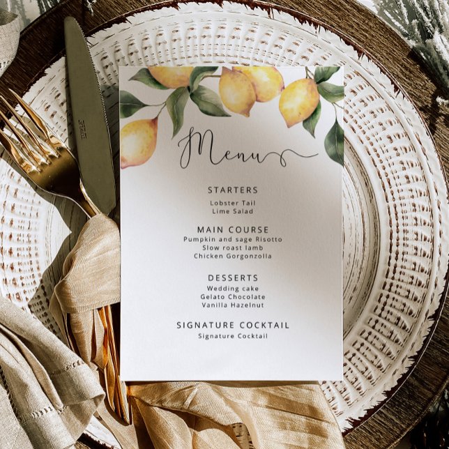 Watercolor lemons elegant wedding Menu Invitation (Creator Uploaded)