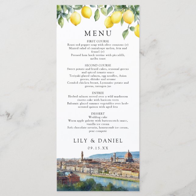 Watercolor Lemons Florence Italy Wedding Menu (Front)