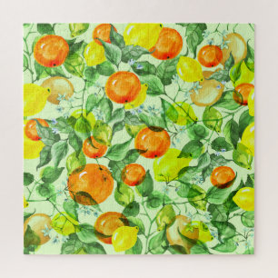 Watercolor lemons, flowers, citrus pattern. jigsaw puzzle