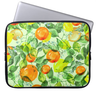 Watercolor lemons, flowers, citrus pattern. laptop sleeve