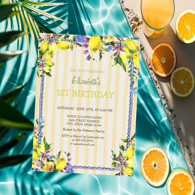 Watercolor Lemons Flowers Yellow Stripes Birthday  Invitation (Creator Uploaded)