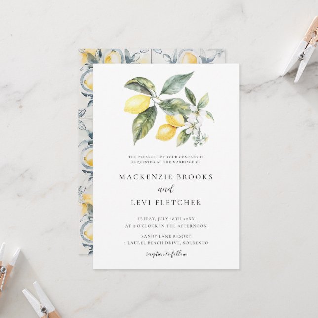 Watercolor Lemons Foliage Mediterranean Wedding Invitation (Front/Back In Situ)
