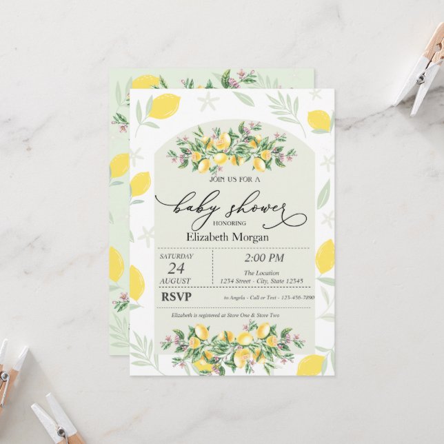 Watercolor Lemons Frame Baby Shower  Invitation (Front/Back In Situ)