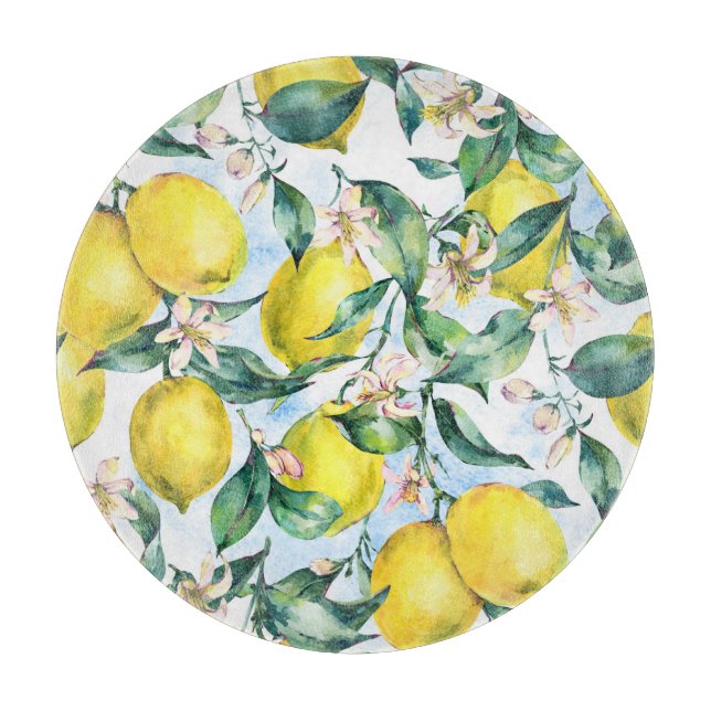 Watercolor lemons, fresh citrus branch. cutting board (Front)