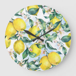 Watercolor lemons, fresh citrus branch. large clock