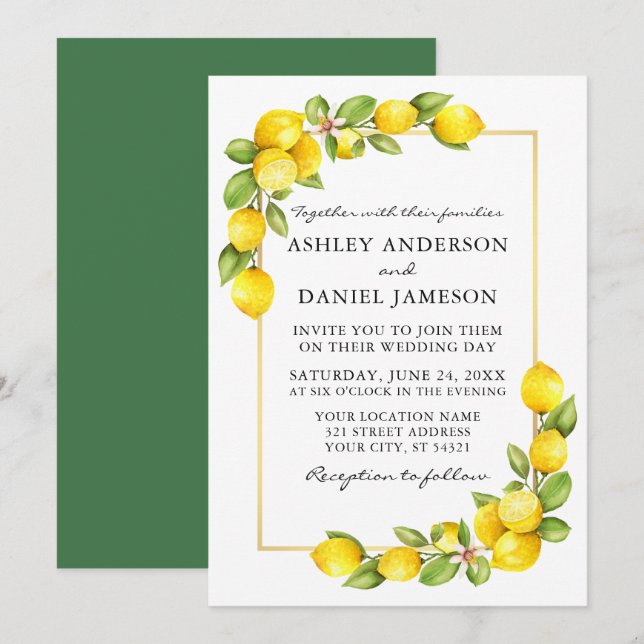 Watercolor Lemons Gold Frame Greenery Wedding Invitation (Front/Back)