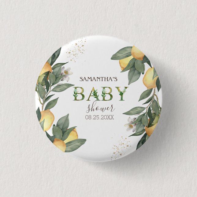 Watercolor Lemons Green Baby Shower   3 Cm Round Badge (Front)