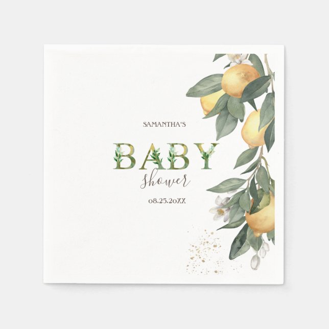 Watercolor Lemons Green Baby Shower Napkin (Front)
