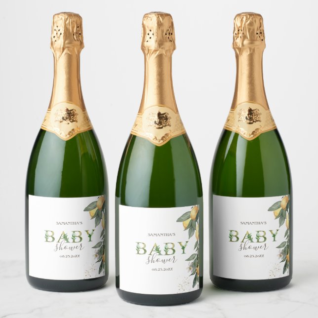 Watercolor Lemons Green Baby Shower   Sparkling Wine Label (Bottles)