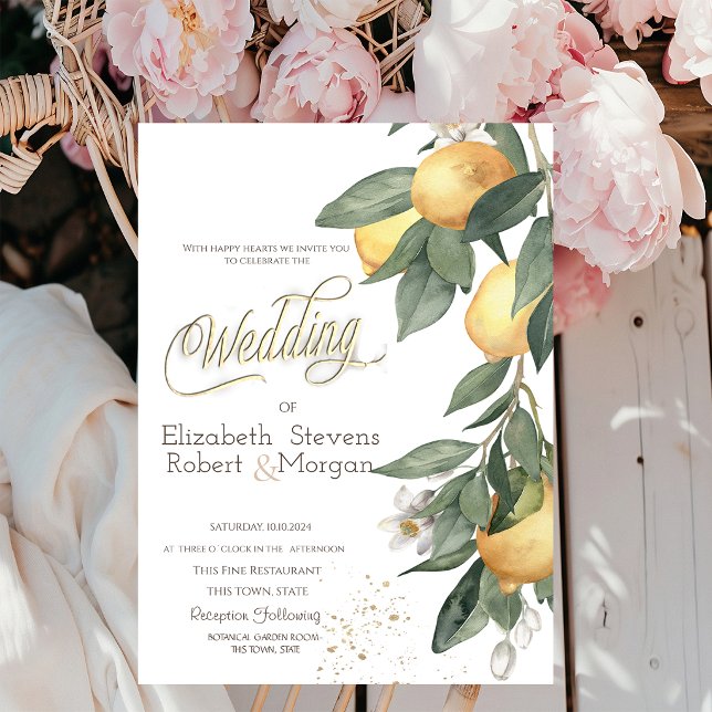Watercolor Lemons Green Plaid Wedding Invitation (Creator Uploaded)