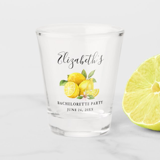 Watercolor Lemons Greenery Bachelorette Party Shot Glass (Front)