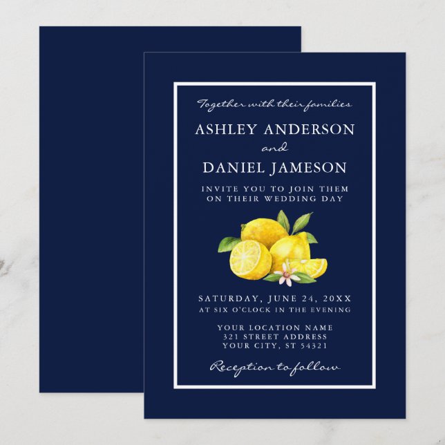 Watercolor Lemons Greenery Blue Wedding Invitation (Front/Back)