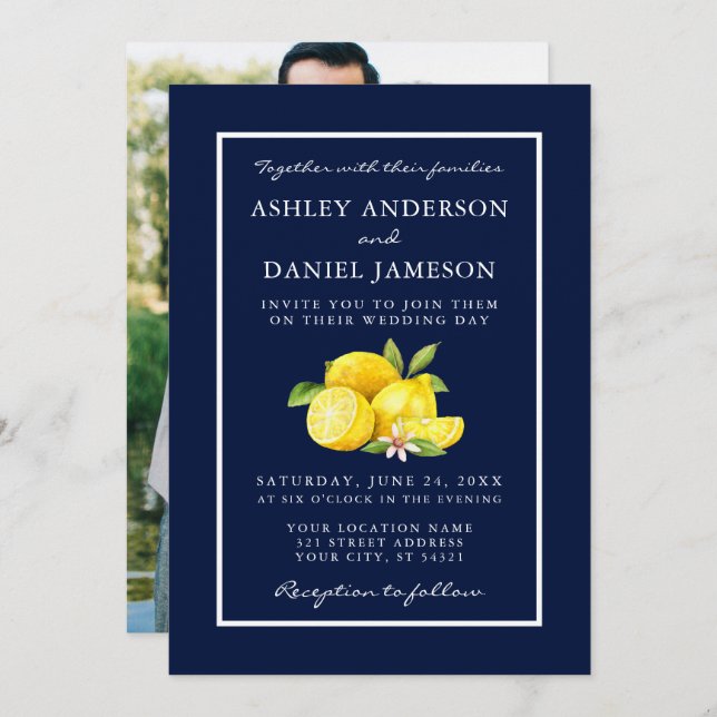 Watercolor Lemons Greenery Blue Wedding Photo Invitation (Front/Back)