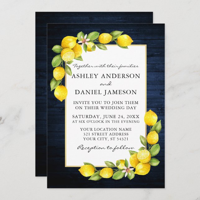 Watercolor Lemons Greenery Blue Wood Wedding Invitation (Front/Back)