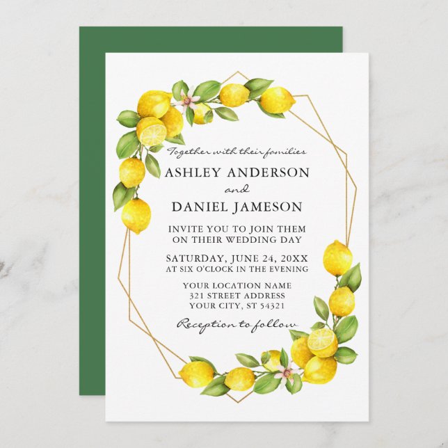 Watercolor Lemons Greenery Geo Frame Green Wedding Invitation (Front/Back)