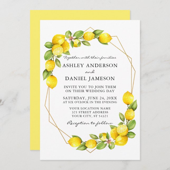 Watercolor Lemons Greenery Geo Frame Wedding Invitation (Front/Back)