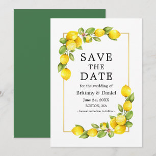 Watercolor Lemons Greenery Gold Frame Green Save The Date