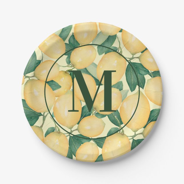 Watercolor Lemons Greenery Monogrammed Paper Plate (Front)