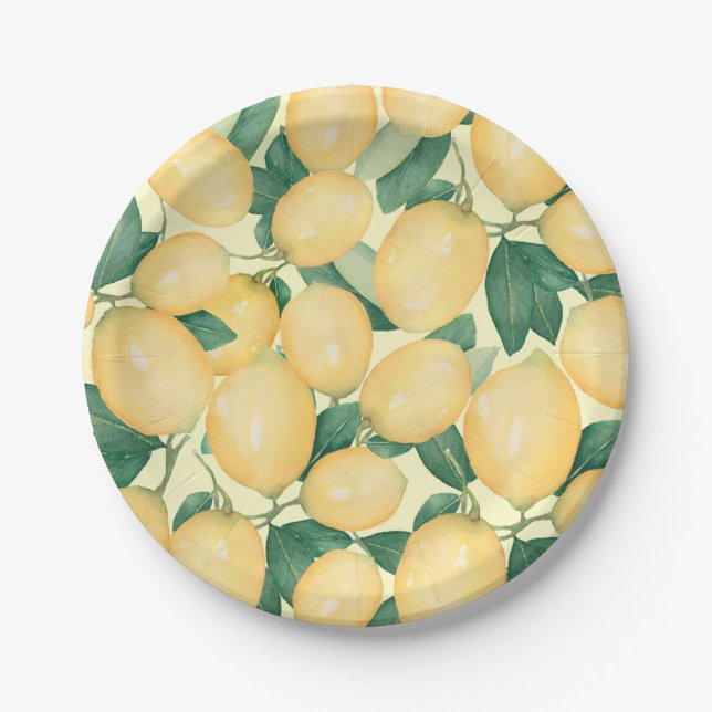 Watercolor Lemons Greenery Paper Plate (Front)
