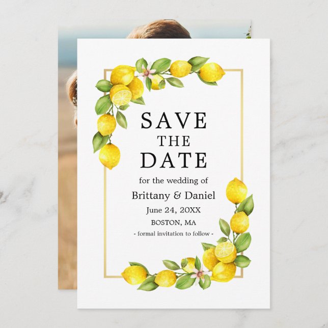Watercolor Lemons Greenery Photo Gold Frame Save The Date (Front/Back)